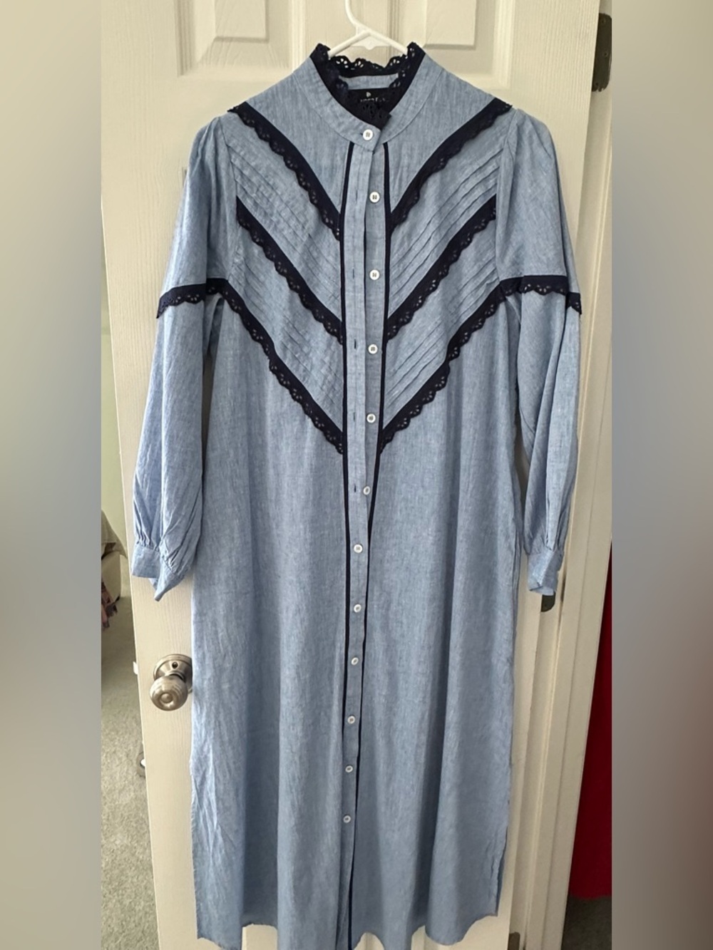 Pomander Place Tuckernuck Button-Front Long Sleeve Dress with Navy Lace Trim